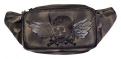 Echt Leder Gürteltasche Bauchtasche Skull Fly Totenkopf Schwarzbraun