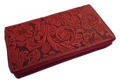 Echt Leder Damen Geldbeutel Floral rot mit edler Blumen-Prägung im Leder