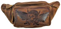 Echt Leder Gürteltasche Bauchtasche Skull Fly Totenkopf Braun