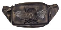 Echt Leder Gürteltasche Bauchtasche Skull Fly Totenkopf Schwarzbraun